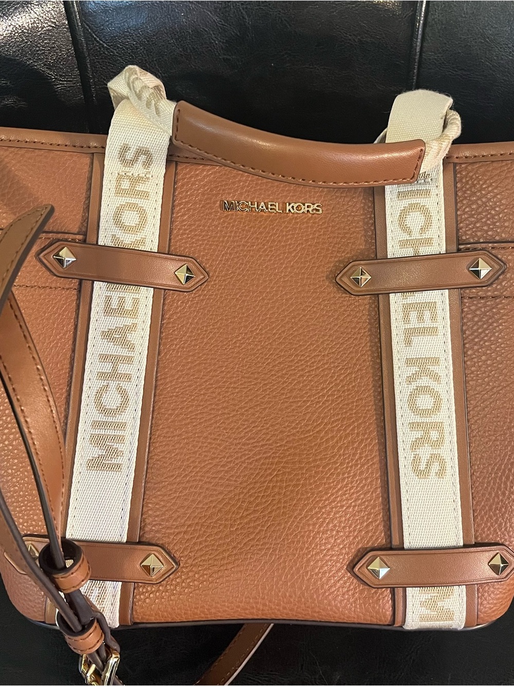 Michael Kors Cognac Pebbled Leather Shoulder Tote with Logo Webbing